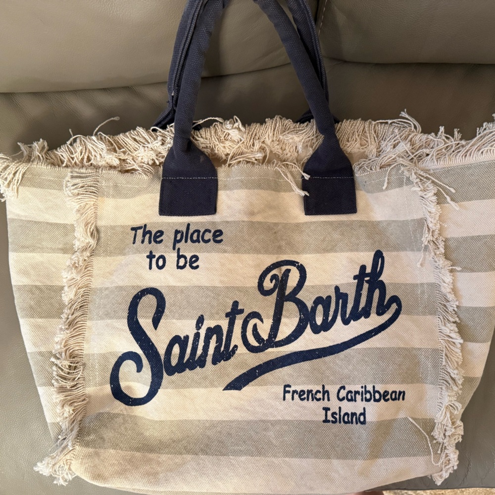 Canvas Fringe Beach Tote in Beige and Navy